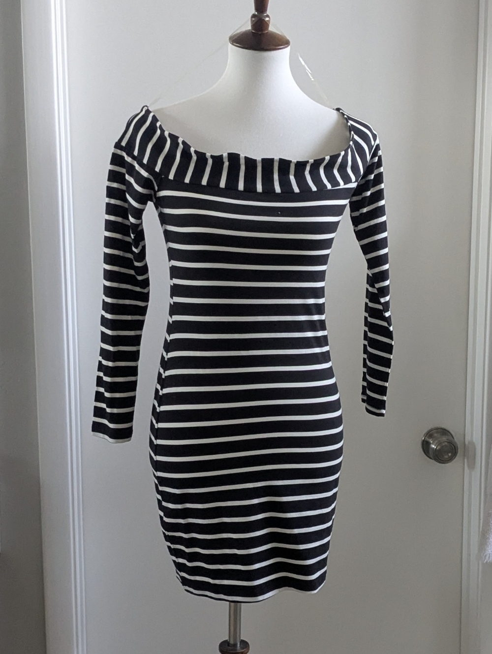 Black & White Striped Off-Shoulder Bodycon Mini Dress